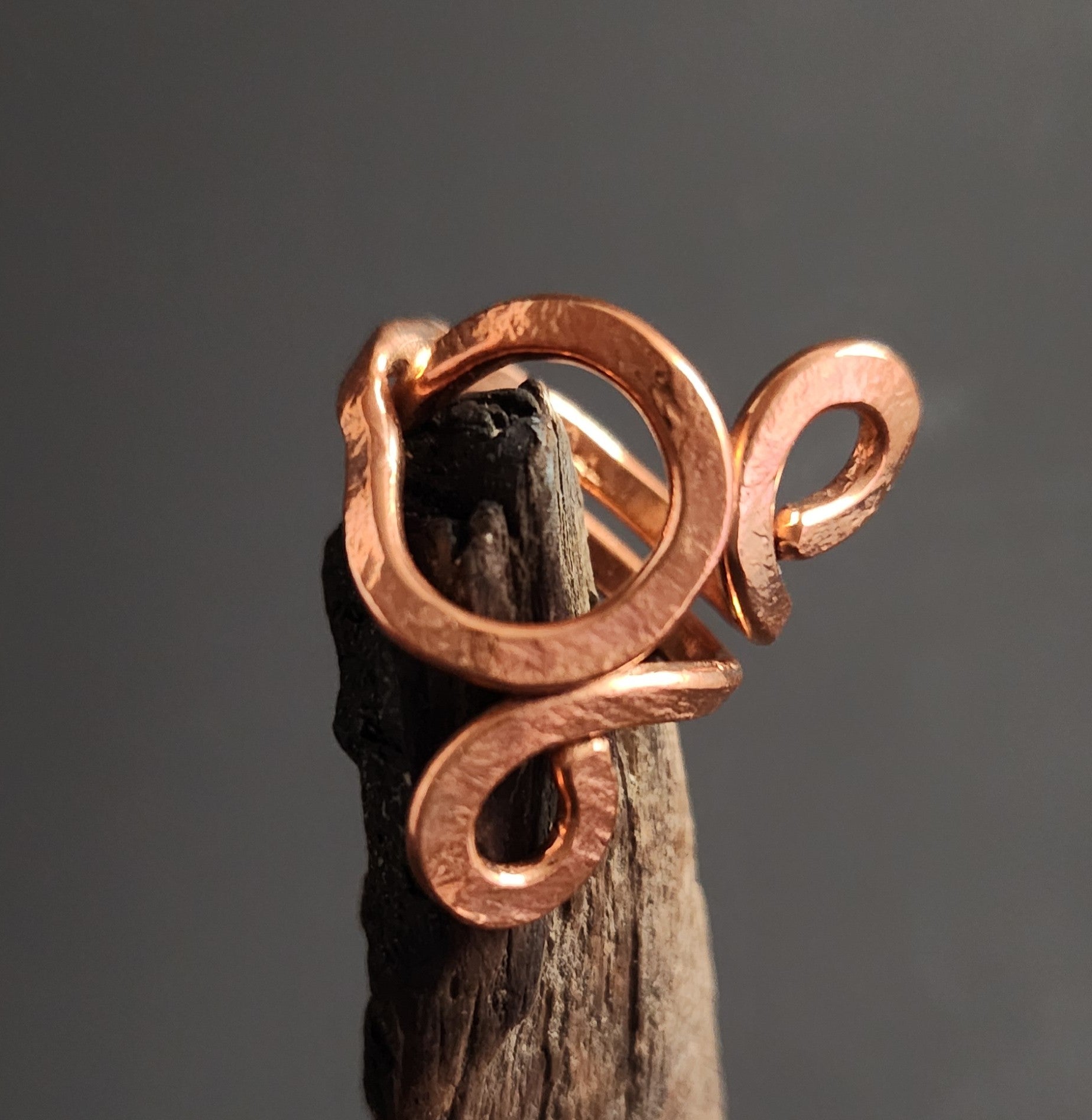 Bold Teardrop & Scroll Adjustable Copper Statement Ring (w/ simple band)