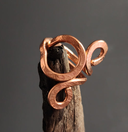 Bold Teardrop & Scroll Adjustable Copper Statement Ring (w/ simple band)