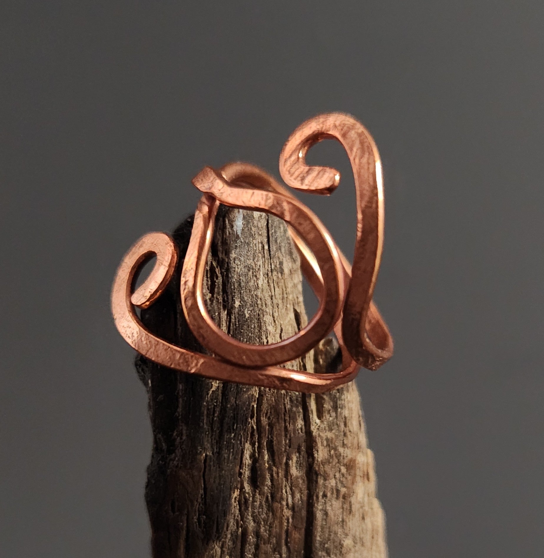 Classic Teardrop & Scroll Adjustable Copper Ring (w/ simple band)