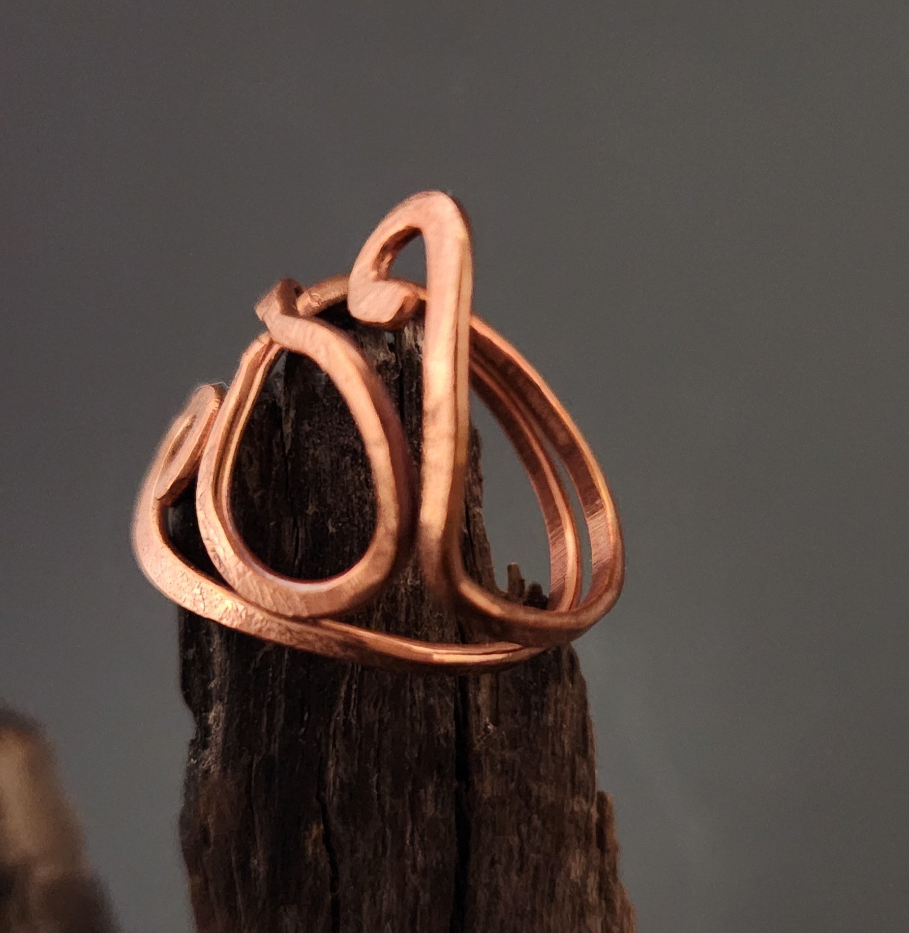 Classic Teardrop & Scroll Adjustable Copper Ring (w/ simple band)