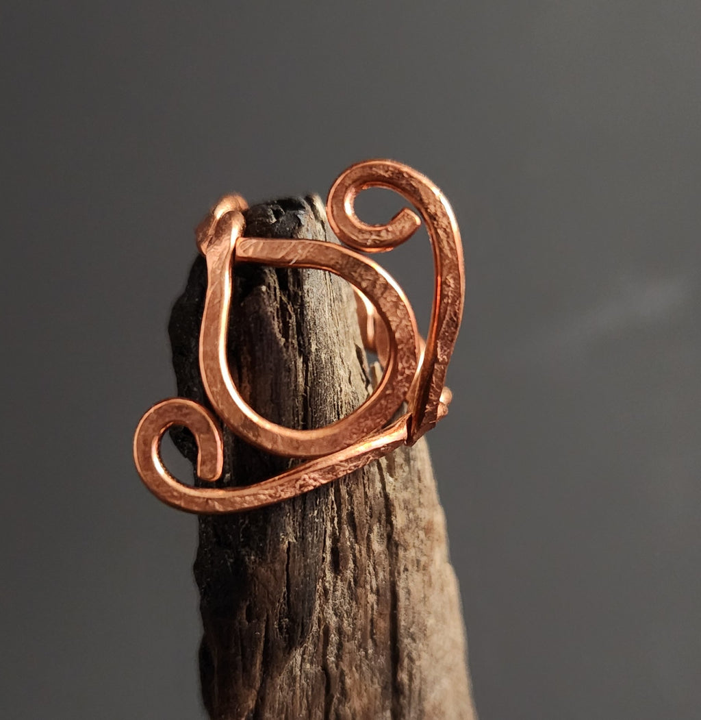 Copper Teardrop & Scroll Adjustable Ring (w/ twisted band)