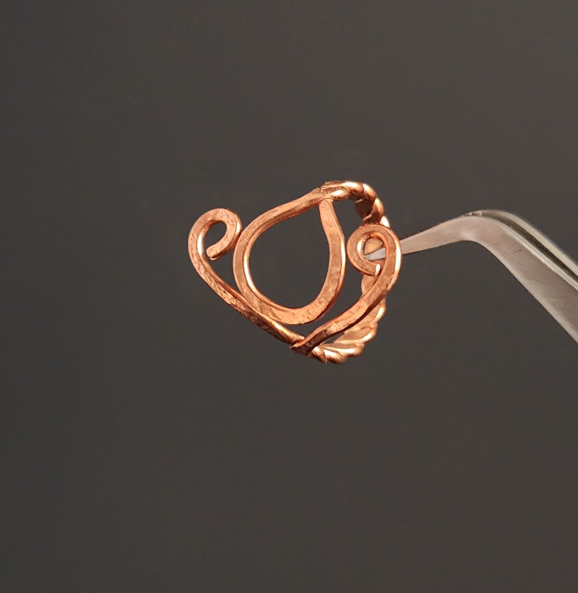 Copper Teardrop & Scroll Adjustable Ring (w/ twisted band)